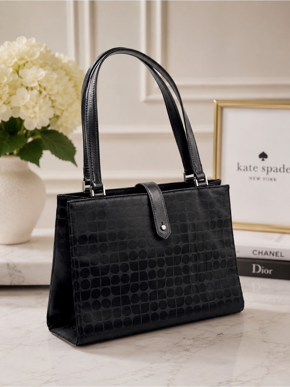 Kate Spade Black Sateen Leather Shoulder Bag Geometric Print Silver Hardware